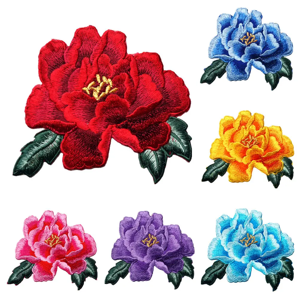 

14CM Red Blue Purple Peony Flower Sew Iron On Patches Embroidered Badges For Dress Clothes DIY Wedding Appliques Decoration