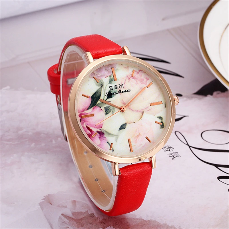 Ультратонкие женские часы модные с цветочным принтом и кожаным ремешком из
