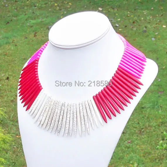 

QN280 Ethnic, Tribal, Pink Red and White Howlite Spike Beaded Necklace