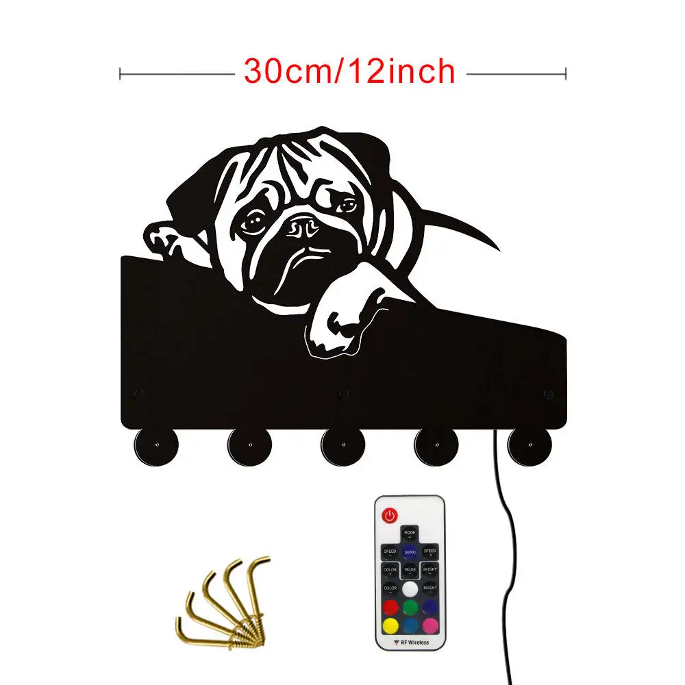 With LED Английская собака породы бульдог светодиодный деревянные крючки украшение для дома картина на стену с животными современный Мопс изменение цвета настенные крючки ПЭТ сувенир для любителя собак - Цвет: With LED