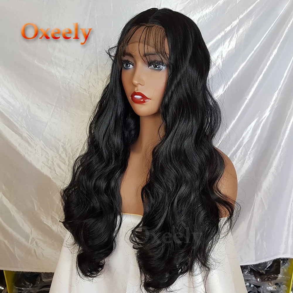 Oxeely длинные волнистые волосы черного цвета синтетические кружевные передние