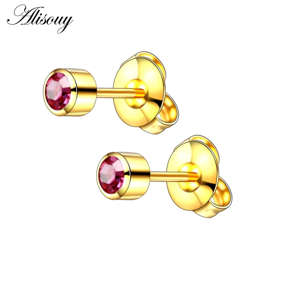 Gold-Rose Red 2 шт стальные серьги-гвоздики, пирсинг для ушей, камень по месяцу рождения, драгоценный камень, серьги-гвоздики, серебро/золото, цветные серьги-гвоздики, ушной хрящ, ювелирные изделия для тела - Окраска металла: Gold-Rose Red