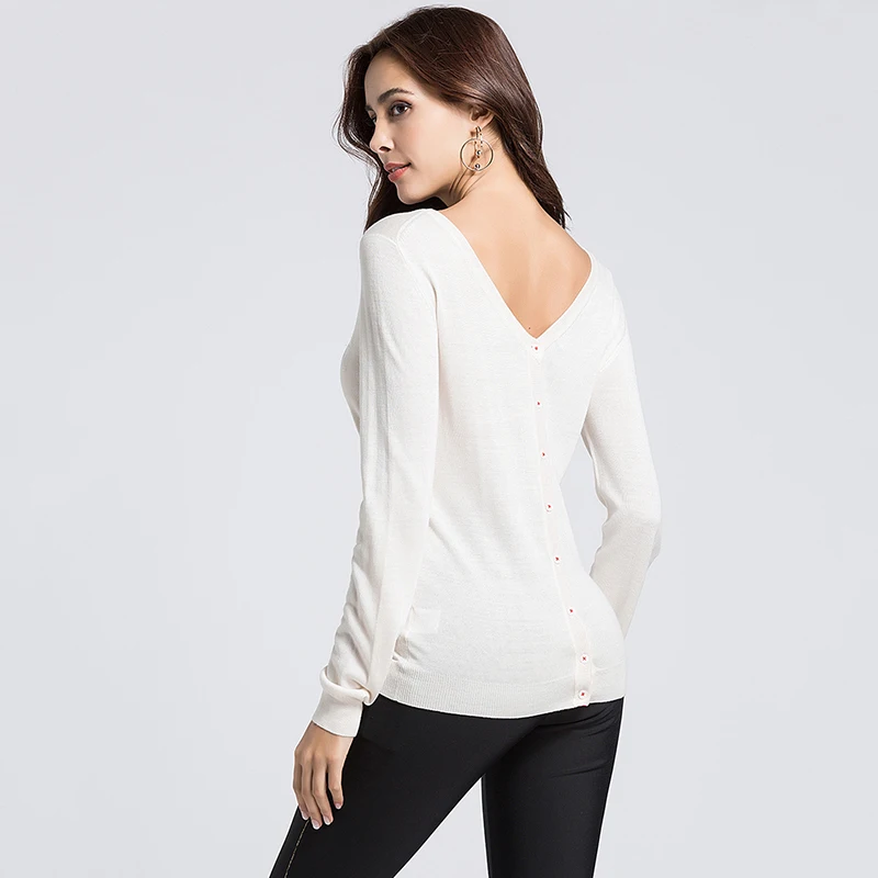 Escalier Women 75%Silk Sexy Sweaters Casual Full Sleeve Single Breasted Cardigans V-Neck Thin Style Sweater Back button design |