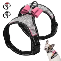 reflective dog harness nylon pitbull pug small medium dogs harnesses vest bling rhinestone bowknot dog accessories pet supplies
