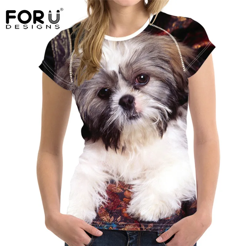 Новинка женские футболки FORUDESIGNS с принтом Shih Tzu коротким рукавом Повседневные