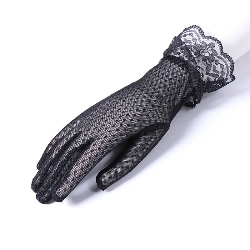Guantes de encaje cortos con protección solar para mujer, manoplas de dedo completo, Sexy, a la moda, con patrón de telaraña, Anti-UV, color negro, C48