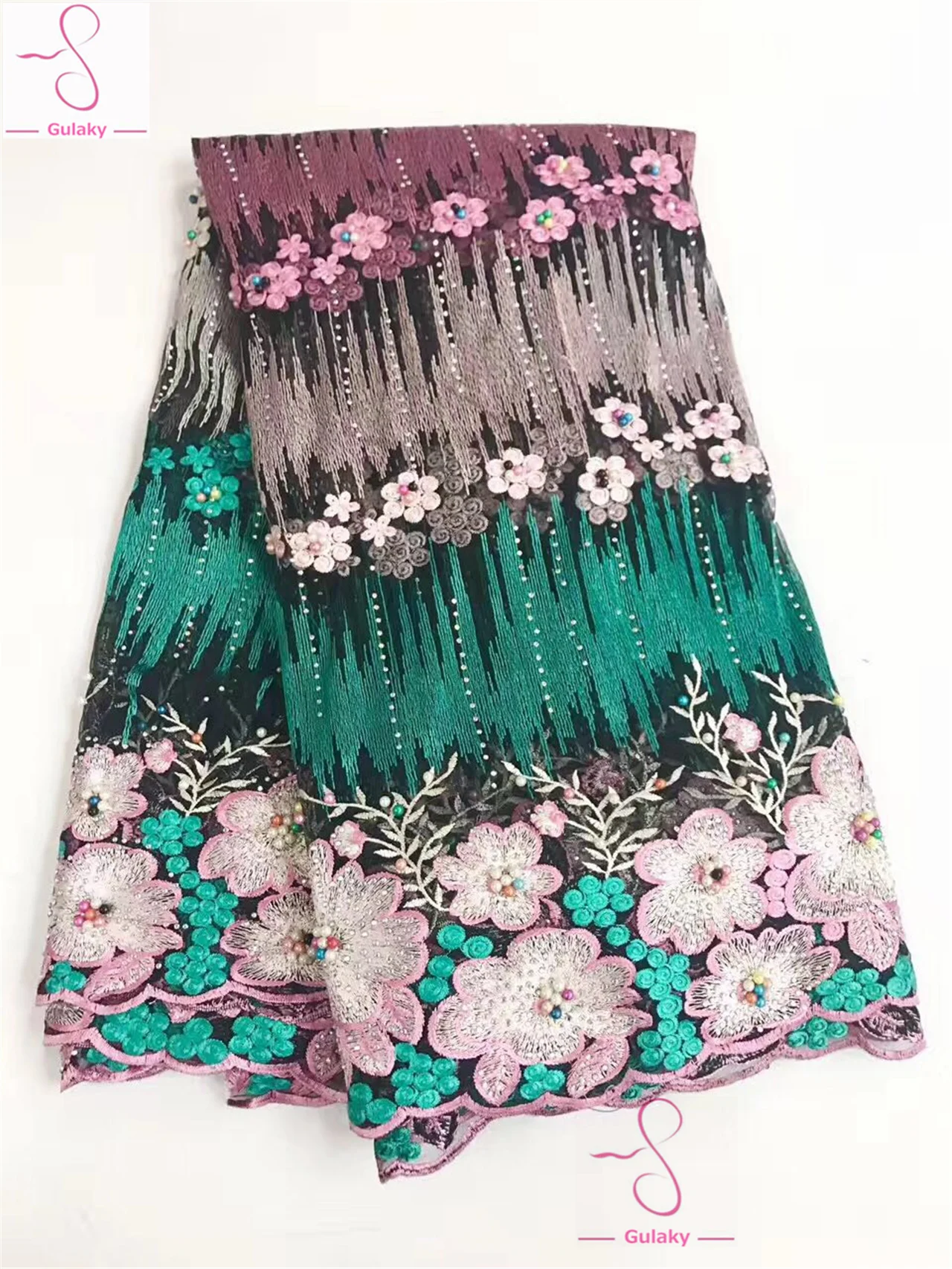 Blue Senior Party African Lace Fabric High Quality 3D with Beads Nigerian Fabrics for Bride Dress JY844 | Дом и сад