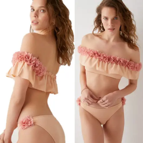 Sexy Flower Women Bikini Set Push-Up Padded Swimwear Off The Shoulder Swimsuit Bandeau Bathing Suit Low Waist Floral Beachwear |