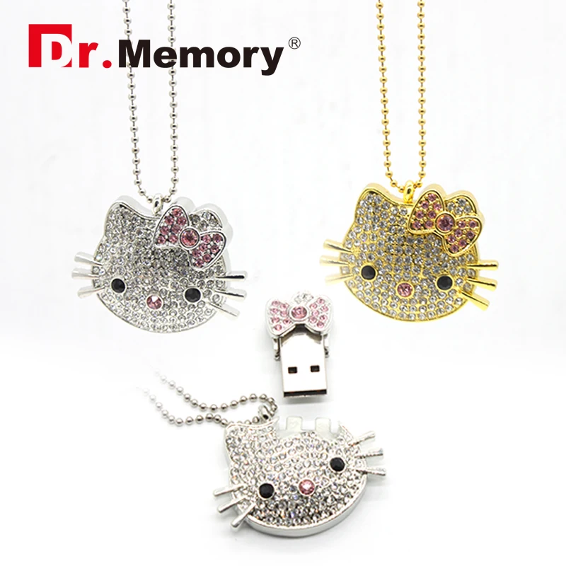 

64GB Cartoon Kitty Cat Luxury Crystal Glitter Metal Usb Flash Drive 2.0 Pendrive USB Stick Mini Memory Stick Necklace