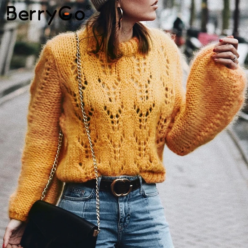 BerryGo вязанный зимний женский свитер с круглым вырезом и рукавом-фонариком