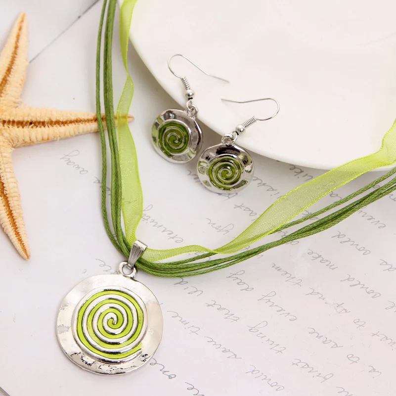Ожерелье из зеленой веревки для женщин Ювелирный Комплект кулона сплава цинка с