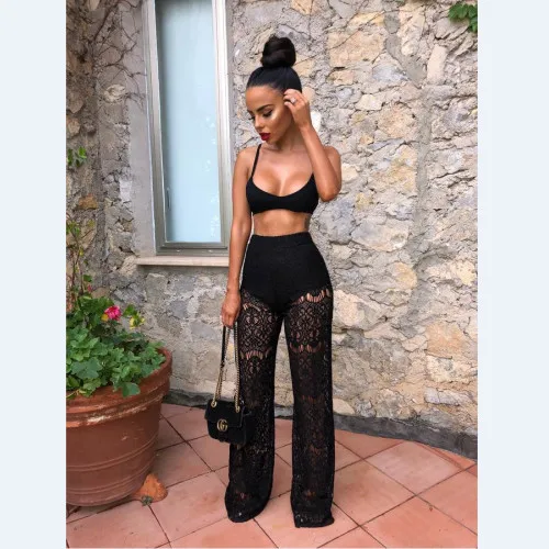 

Two Piece Set Women HOT Women Summer Sexy Solid V Neck Crop Tops and Hollow Out High Waist Long Pants