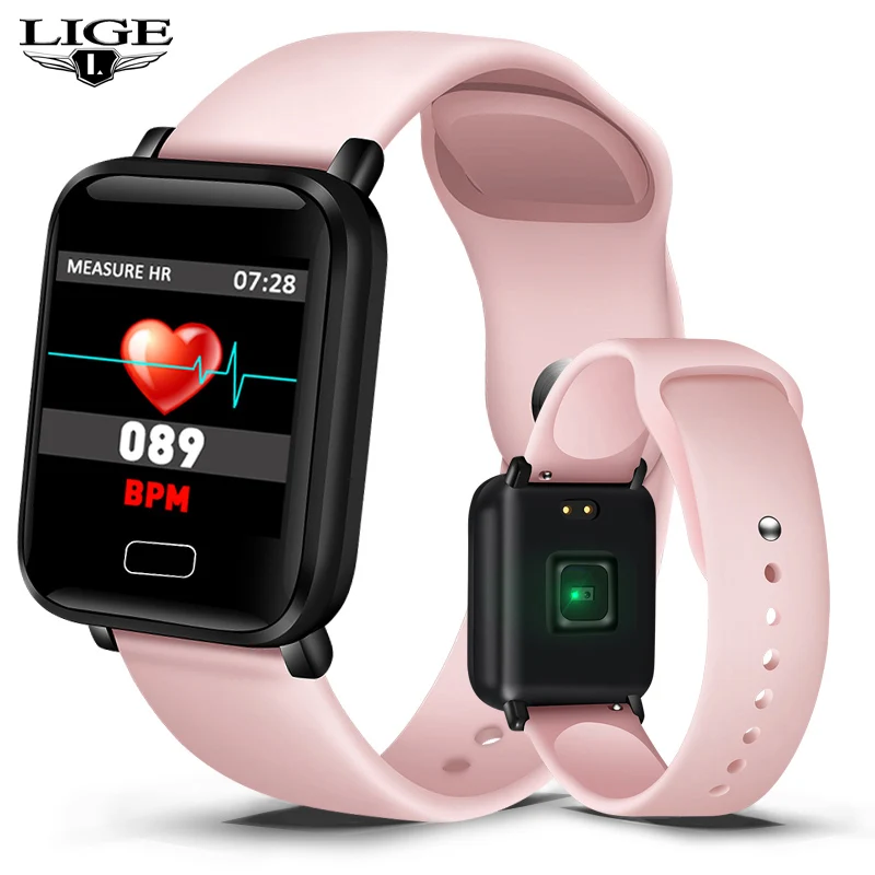 Pink LIGE новые умные часы для женщин, пульсометр, измеритель артериального давления, фитнес-трекер, умный браслет, шагомер, спортивный смарт-браслет+ коробка - Цвет: Pink