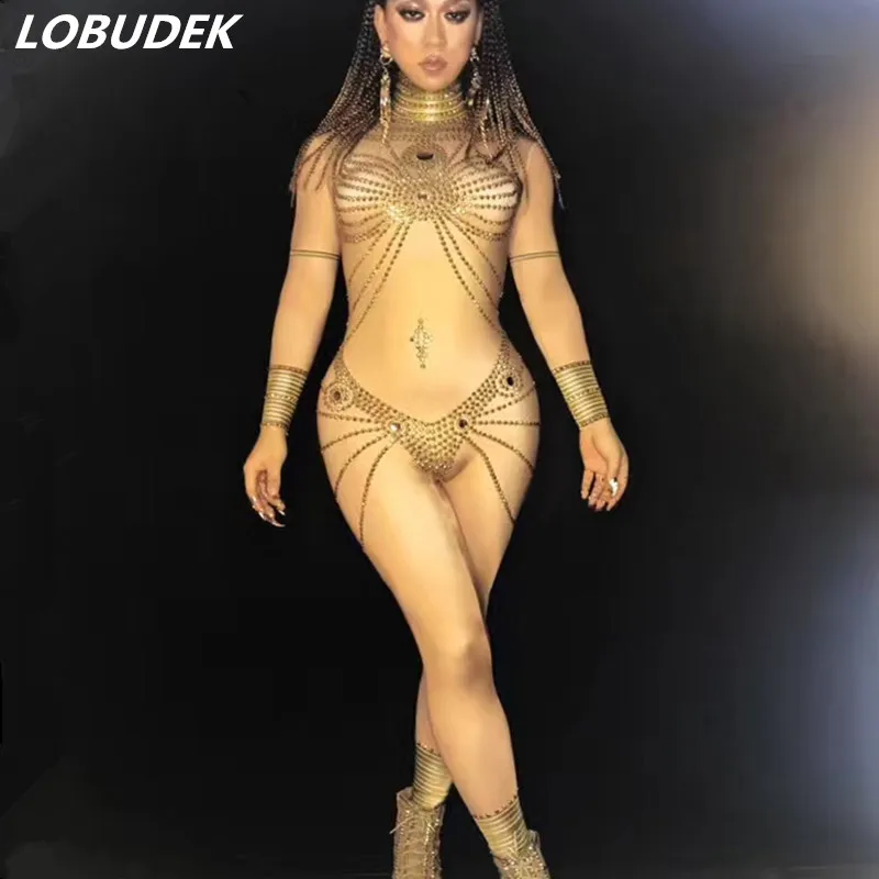 Occident Style Sexy Bar DJ Female Singer Costumes Nightclub Pole dancing performance stage wear Gold Crystals Stretch Jumpsuit