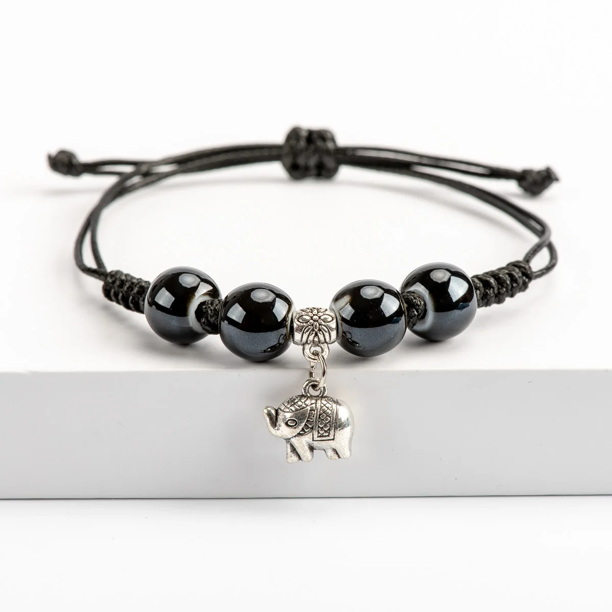 Керамические бусины ручной работы браслеты для женщин слон кулон Регулируемый черный браслет из бисера# HY518