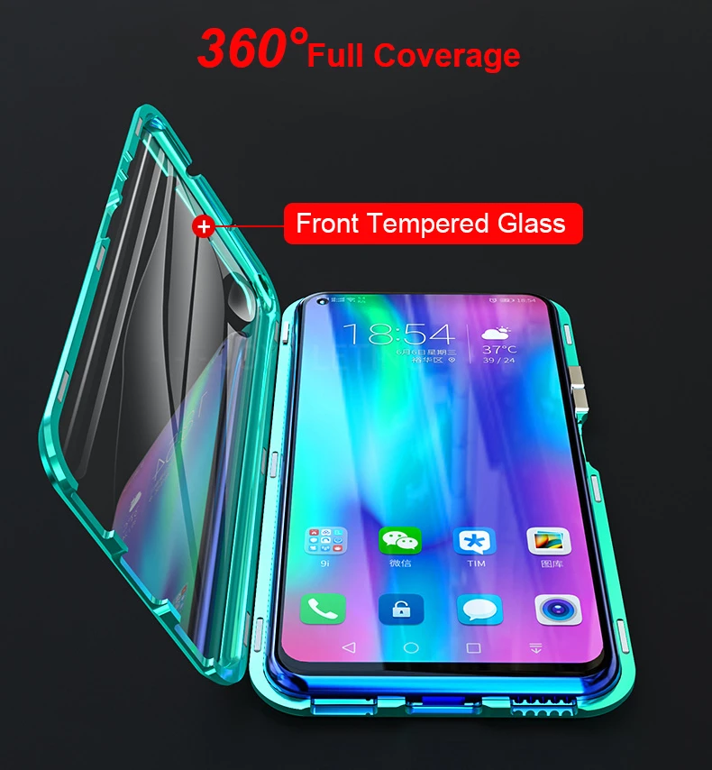 Металлический бампер, противоударный чехол для huawei honor 20, Магнитный чехол 360, передний+ задний 9 H, чехол из закаленного стекла для honor 20 Pro, чехол