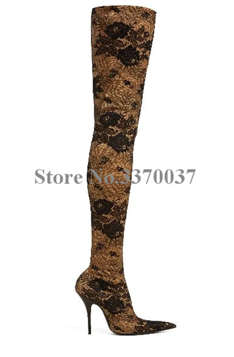 

Women New Fashion Pointed Toe Printed Velvet Bandage Over Knee Boots Thigh High Slim Stretchable High Heel Boots Dress Shoes