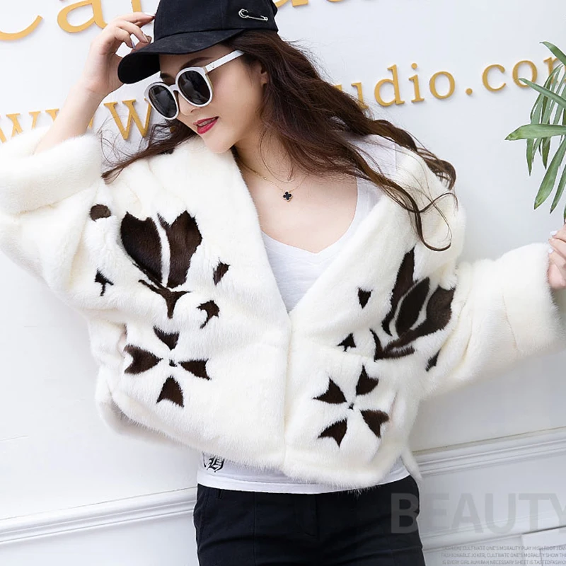 jade pride 2018 New Print V-Neck Short Velvet Mink Coat Thick Warm Winter Outwear Natural Color Full Sleeve Slim Fur Coats | Женская