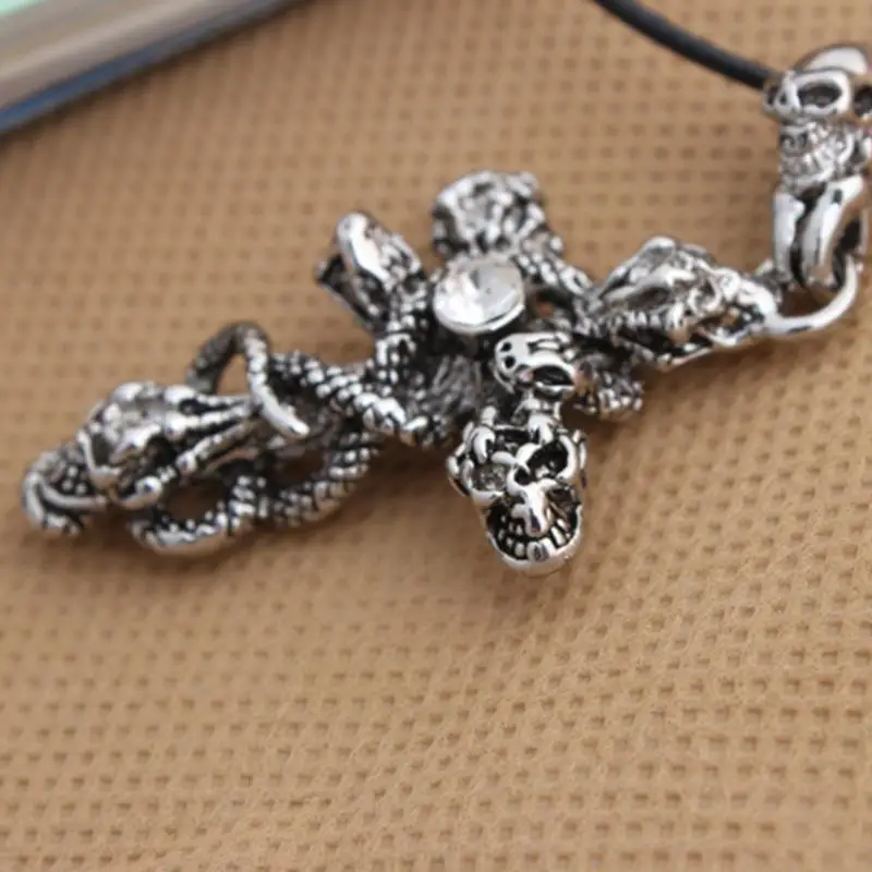 

Gothic Snake Cross Skeleton Skull Pendant Necklace for Men Alloy Tone Leather Chain Halloween Jewelry