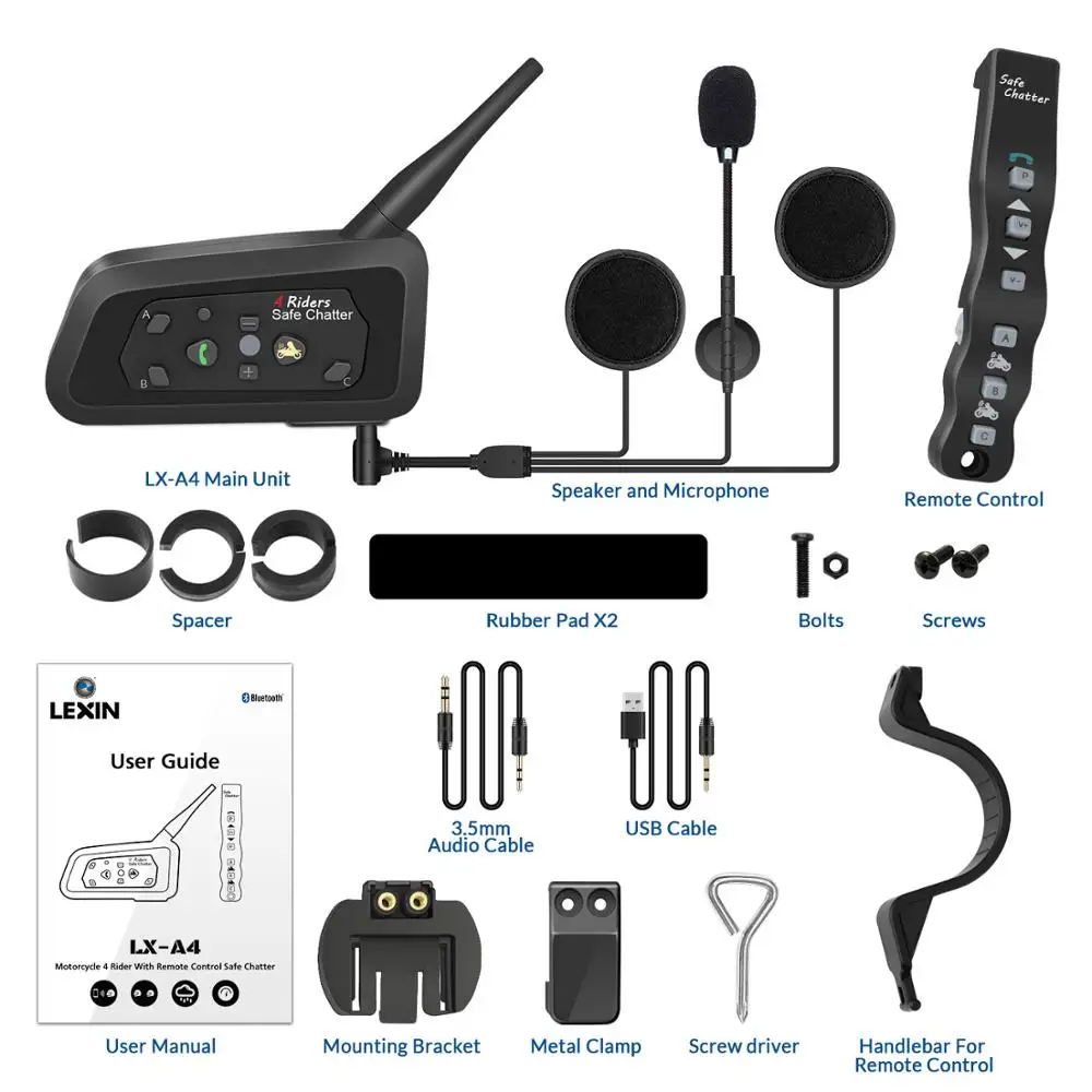 Переговорная гарнитура LEXIN 1 шт. A4 1000 м 4 мотоциклиста BT с Romote Control Bluetooth| |