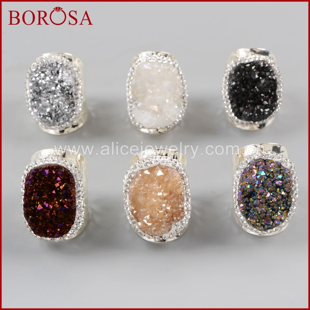 

BOROSA 5/10PCS Trendy Silver Plated Rainbow Drusy Band Rings Rhinestone Pave Titanium Druzy Ring Jewelry JAB939