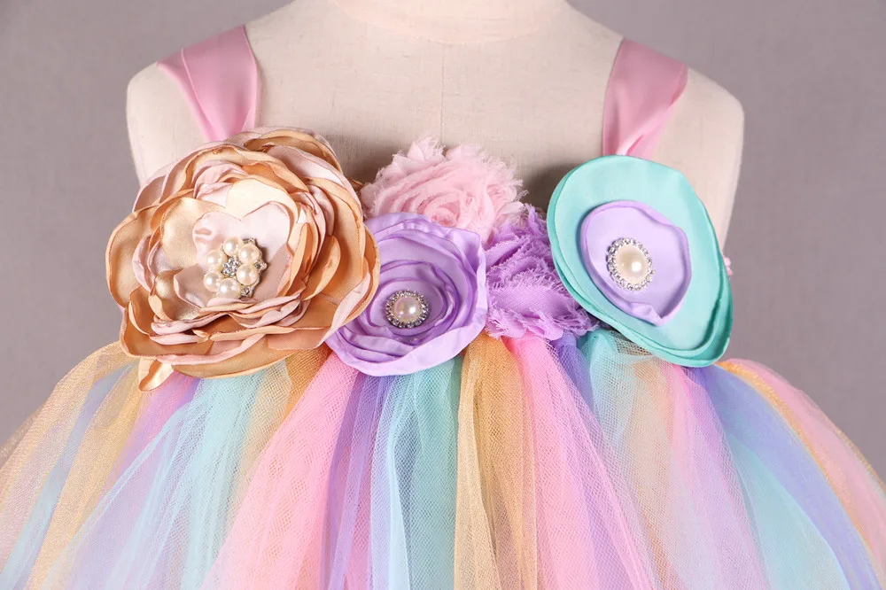 Rainbow Flower Girl Tutu Dress Princess Children Girls Tulle Party Dresses Boutique Kids Girls Pageant Wedding Ball Gown Dress
