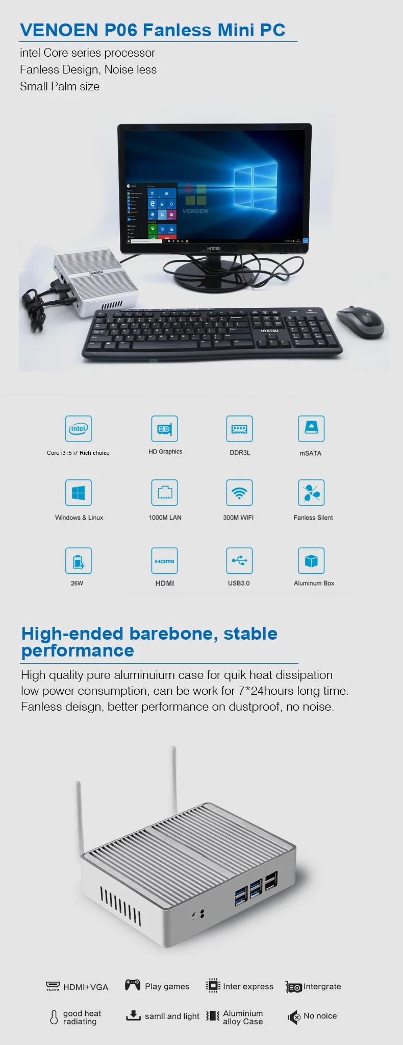 Недорогой мини-ПК без вентилятора Intel Core i7 5550U Win10 X86 настольный Процессор i3 7100U I5 7200U 4K HTPC компьютер CE FCC ROHS 3 года гарантии
