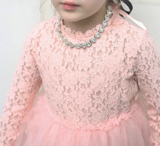 New Girls Rhinestone Necklace Lace Kids Dress Long Sleeved Bowknot Princess Tutu Children Clothing For Party White/ Pink | Детская