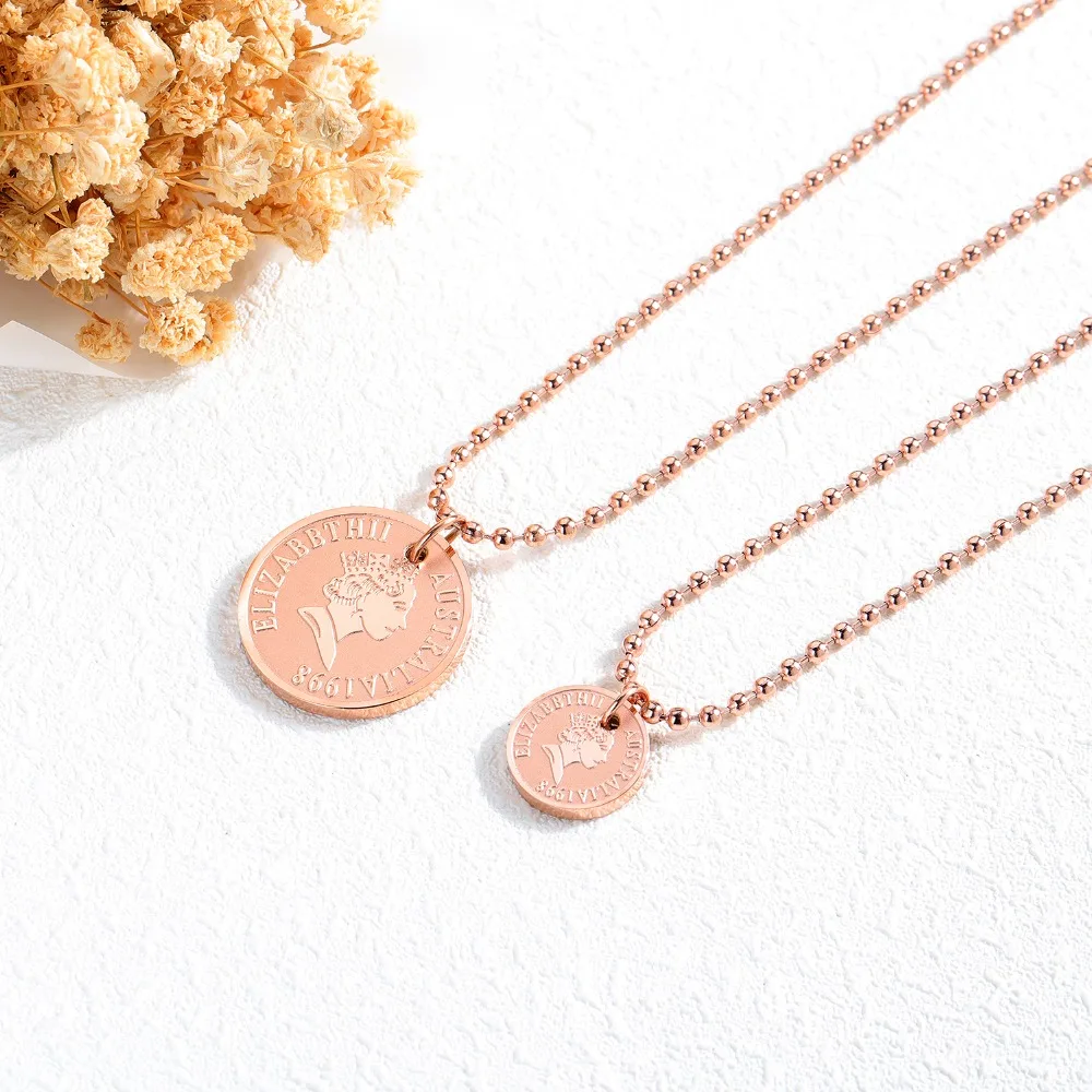 Stainless steel Coin Necklace Queen Elizabeth Rose Titanium lady short chain pendant Necklaces women Jewelry | Украшения и