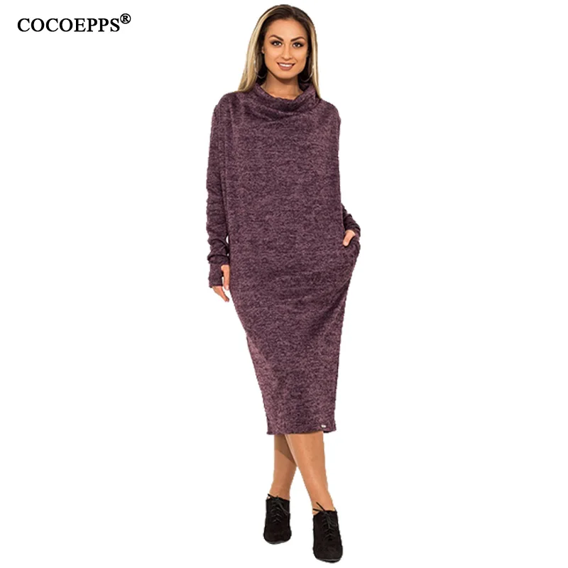 COCOEPPS 5XL 6XL плюс размер платье с длинным рукавом Осень Зима Высокая шея женское