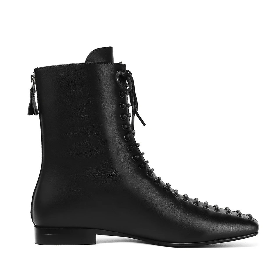 

EshtonShero Shoes Woman Women Ankle Boots Cow Leather Platform Low Heels Square Toe Black Ladies Motorcycle Boot Size 3-8