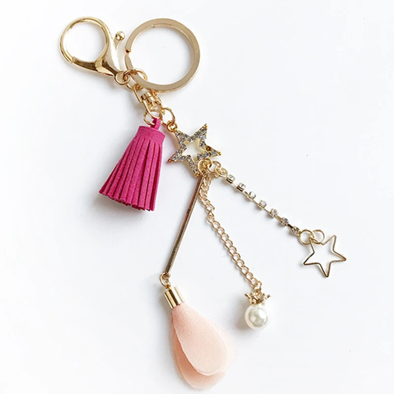 Новинка 2019 кристальная звезда брелок для ключей с кисточкой розовый цветами