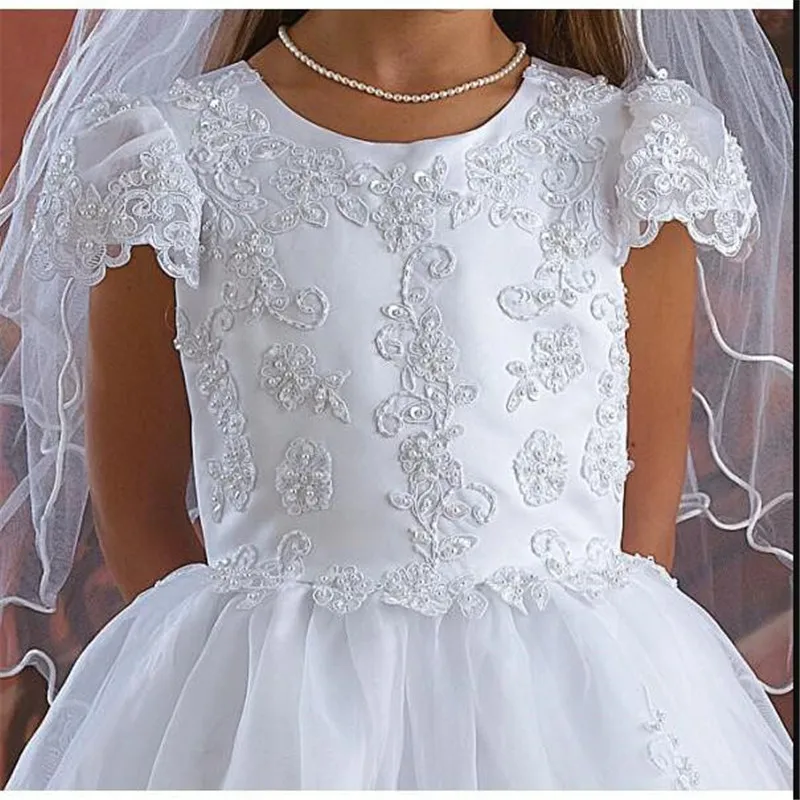 2019 White First Communion Gowns with Cap Sleeves Beading Appliques Flower Girl Dress For Wedding Vestidos De Novia Longo | Детская