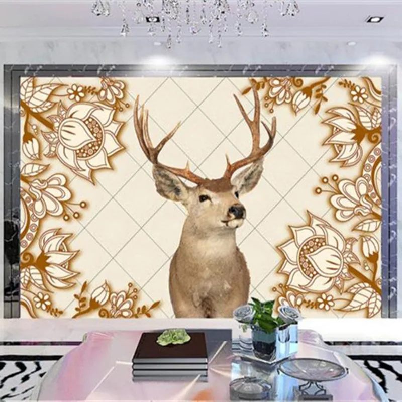 Chinese Style Murals High Quality Elk Wallpapers for Living Room Walls Decorative Painting with Marble Pattern Forest Home Decor |