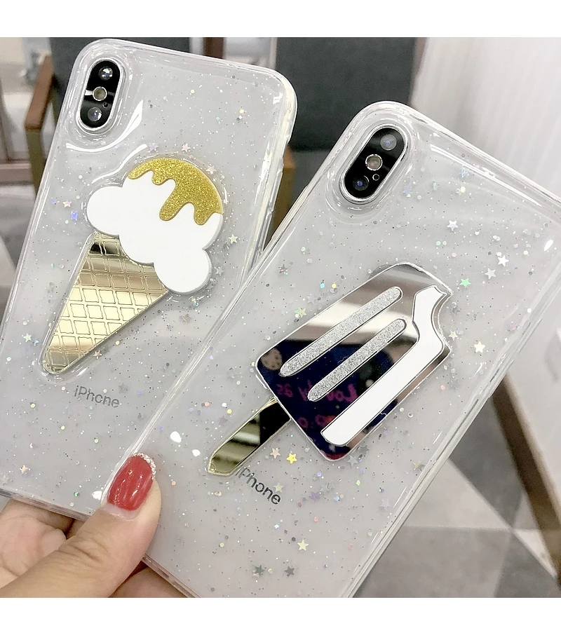 3D зеркальный чехол для мороженого с блестящими звездами iPhone X XS прозрачный мягкий