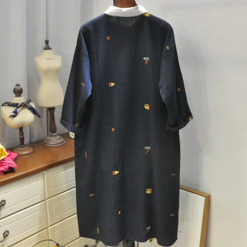 Embroidery Shirt Dress Autumn Long Sleeve Knee Length Loose for Women | Женская одежда