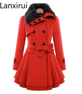 Модное женское осенне-зимнее теплое шерстяное пальто Верхняя одежда средней длины с меховым воротником Повседневная Толстая куртка пальто