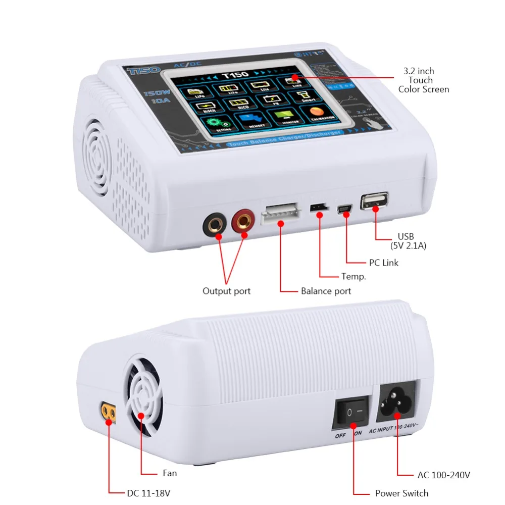 HTRC T150 RC зарядное устройство AC/DC 150 Вт 10A сенсорный экран беспилотный баланс Dis зарядное устройство для LiPo LiHV LiFe Lilon NiCd NiMh Pb батарея