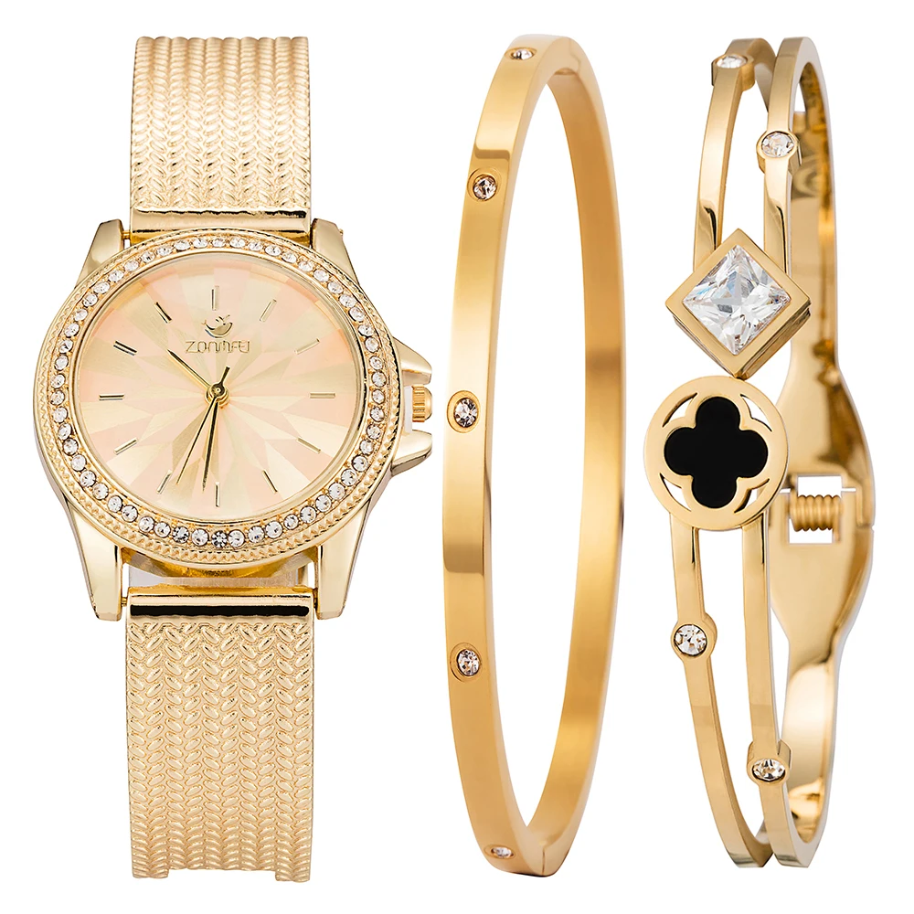 ZONMFEI Brand Wristwatch Women Fashion bracelet set popular stainless steel diamond quartz watches pink gold band with gift box | Наручные