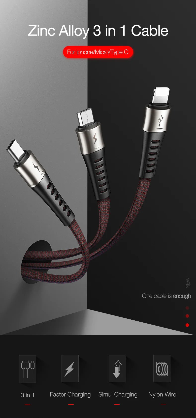 Cafele 3 в 1 USB кабель для iPhone X 8 huawei P30 samsung 3A Быстрая Зарядка Micro usb type C зарядное устройство кабели для передачи данных для мобильного телефона