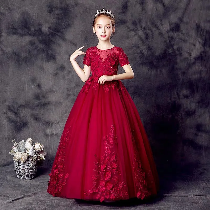 as pic long dress Г. Летнее роскошное детское элегантное кружевное платье принцессы винно-красного цвета на день рождения, свадьбу, вечеринку детское платье-костюм рояля - Цвет: as pic long dress