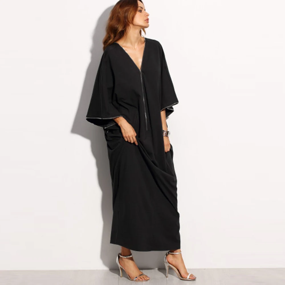 SHEINNET Новая Мода Sexy Двухместный Глубокий V Шеи Макси Dress Сплошной Черный