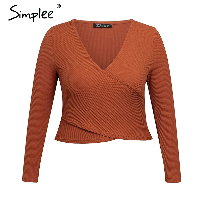 Simplee Elegant V neck women plus size blouse Long sleeve cross criss black spring top Sexy casual solid female tops blouses | Женская