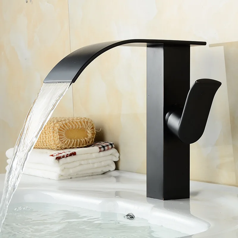 

Black Square Flat Torneira Basin Waterfall Faucet Basin Hot and Cold Mixer Single Lever Dona4074