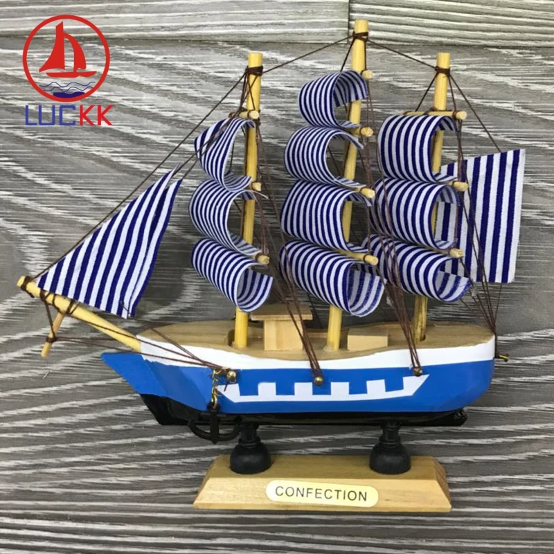 

LUCKK 16CM Marine Nautical Wooden Model Ships Sea Blue Home Interior Decoration Wood Crafts Room Mediterranean Sailboat Model