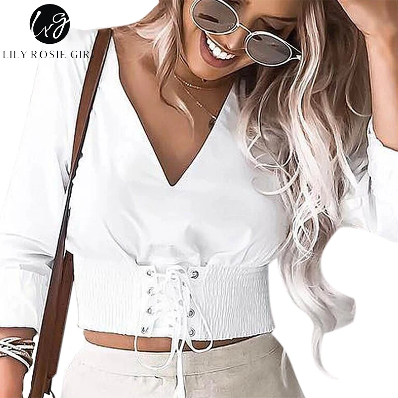 Lily Rosie Girl белый кроп Топ Блузка на шнуровке спереди глубокий v образный вырез