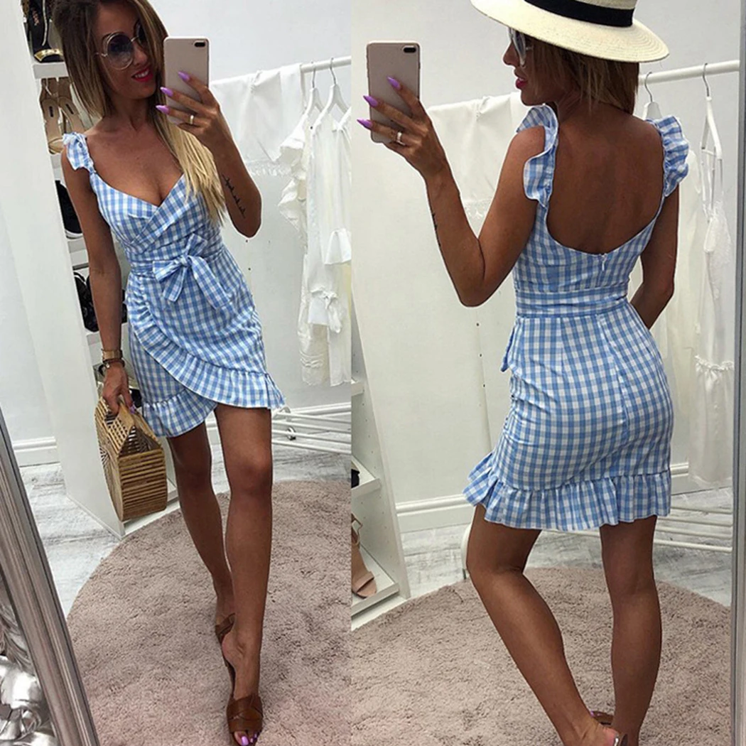 Сексуальное женское клетчатое платье с открытой спиной летнее v-образным вырезом