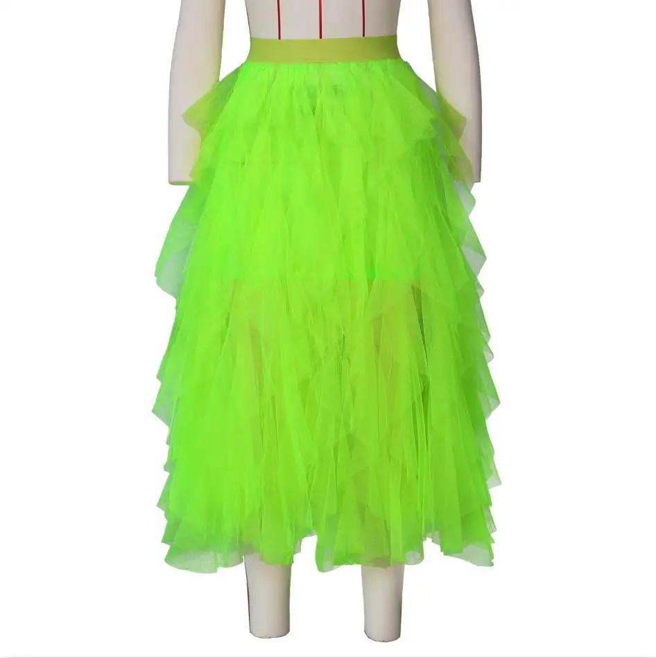 BKLD Summer Fashion Neon Green Casual High Waist Beach Sheer Mesh Skirts Women's Boho Asymmetrical Hot Pink Long Tutu Skirt - Color: green