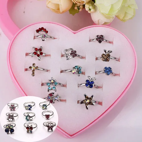 12pcs Смешанные Ассорти мультфильм Кристалл Серебряные кольца детская одежда для девочек смешивать стили партия ребенок подарок ювелирные изделия с Дисплей коробка - Цвет основного камня: 12pcs