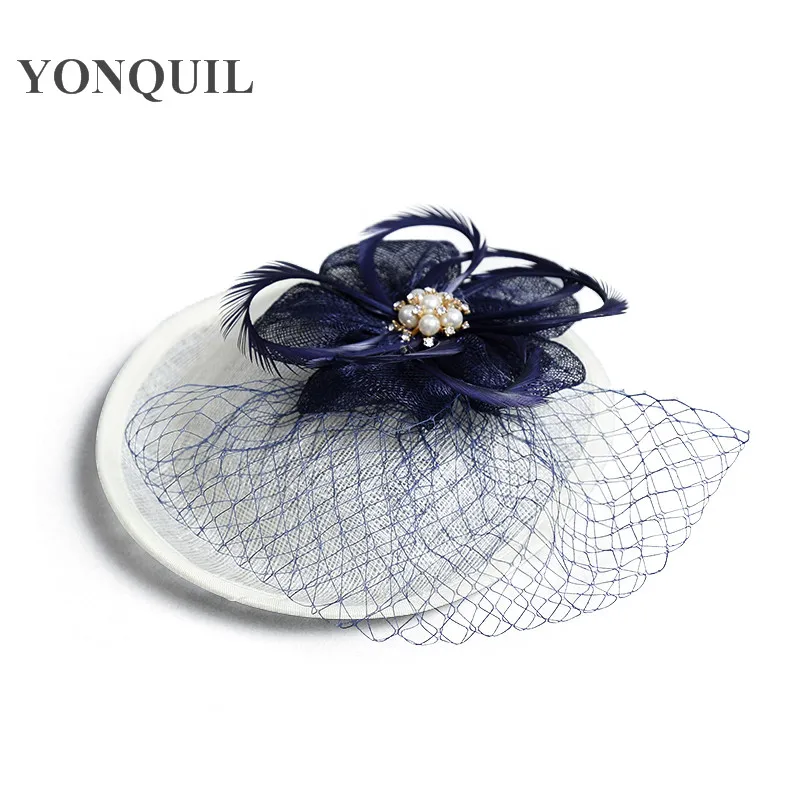 

Elegant BIG Sinamay Fascinator Hats Good Linen Bridal Wedding Neil Headpieces Navy Blue Cocktail Hats Very Nice Headwear MD16011